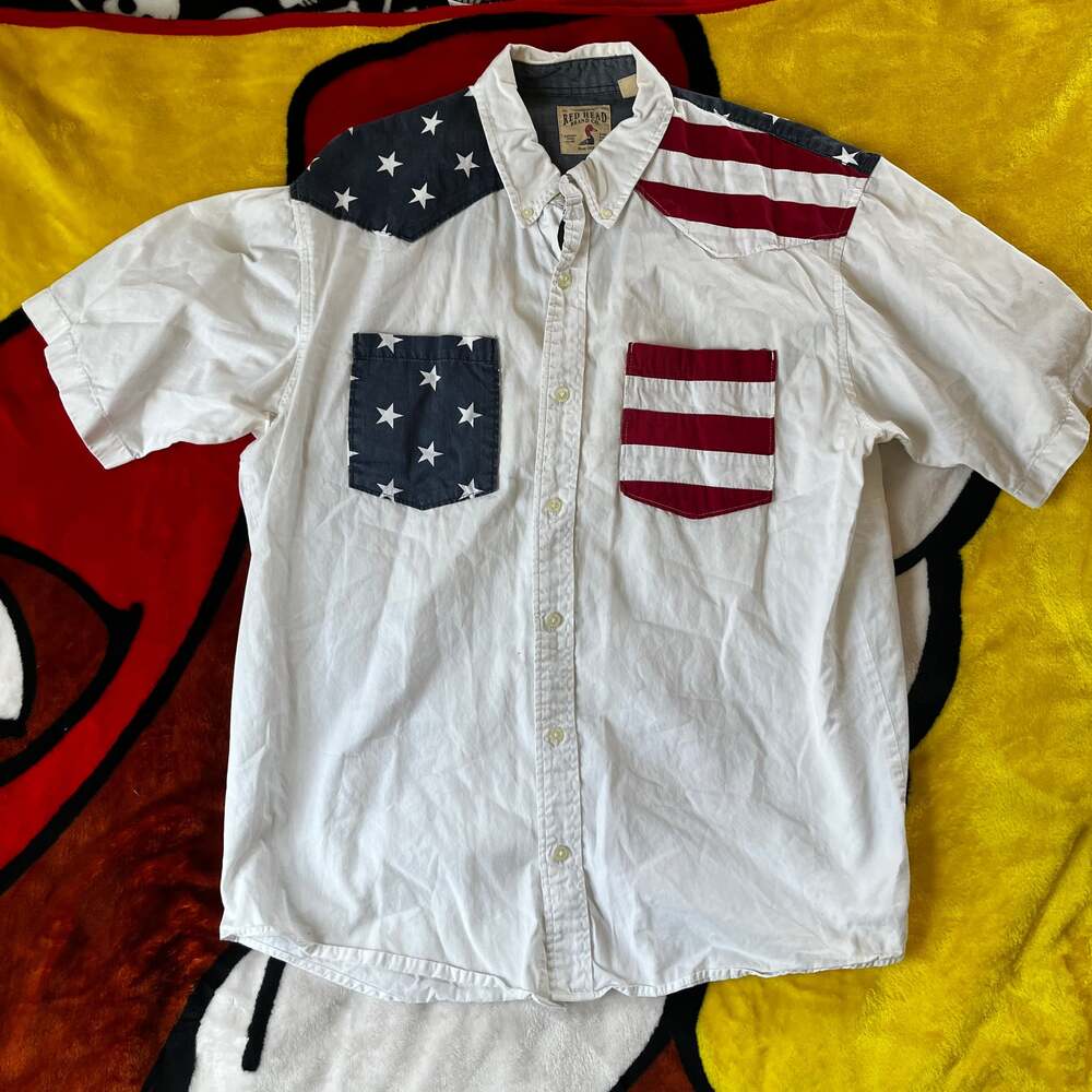 Red Head American Flag Button Up Short Sleeve Shirt